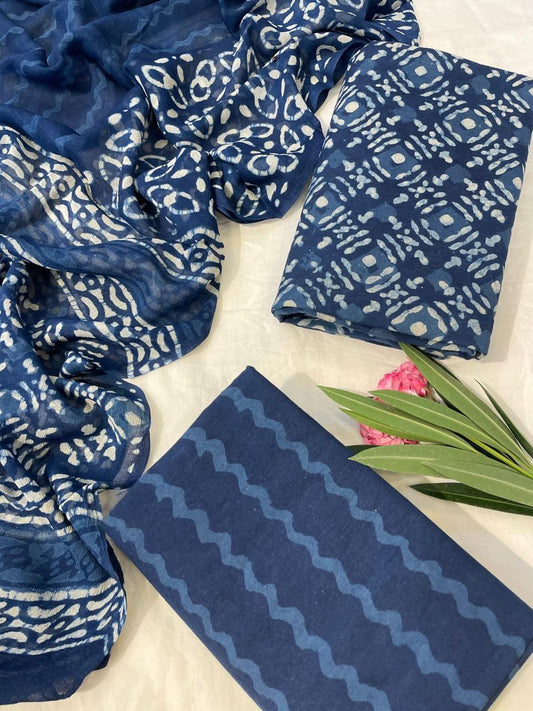 Blue Hand Print Cotton Suit With Chiffon Dupatta (40)