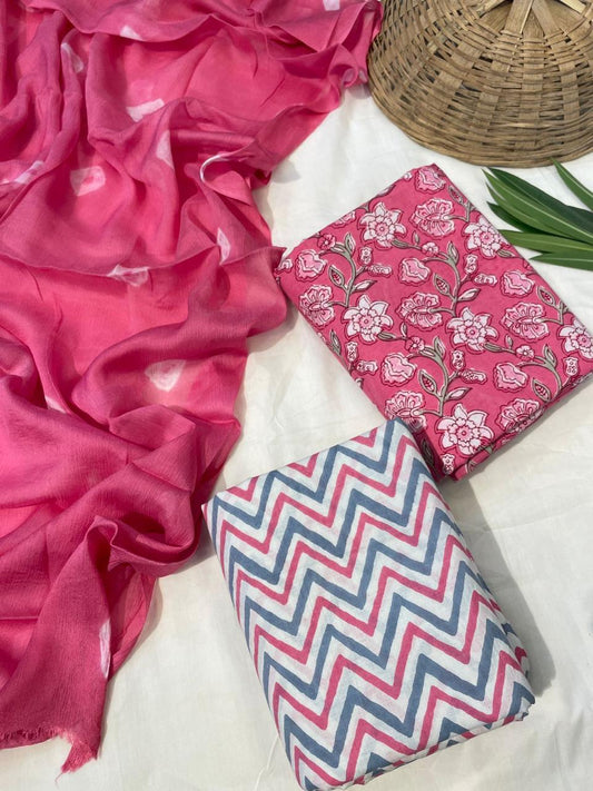Pink Hand Print Cotton Suit With Chiffon Dupatta (36)