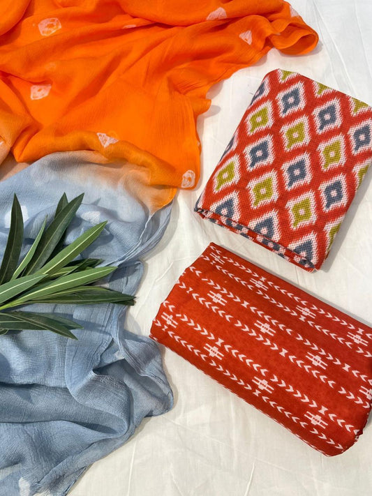 Orange Hand Block Print Organic Cotton Suit With Chiffon Dupatta (32)
