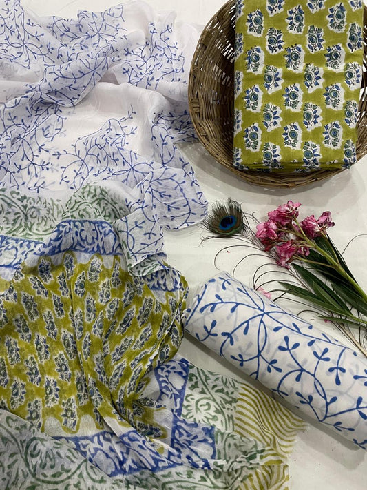 Green Hand Block Printed Cotton Suit With Chiffon Dupatta