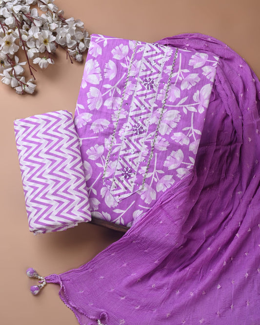 Sanganeri Print Cotton Gota Patti Work Suit With Chiffon Dupatta