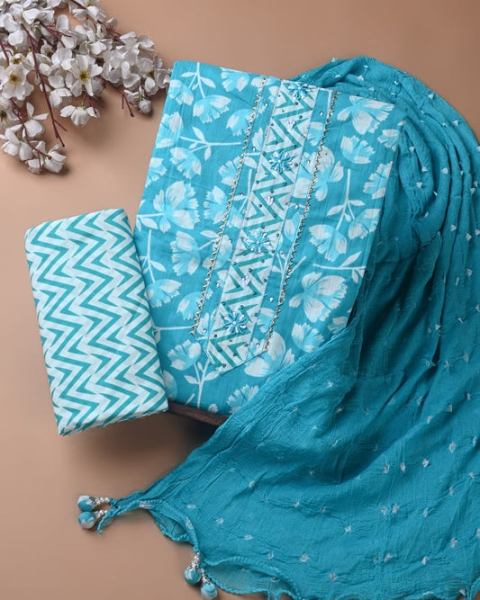 Premium Cotton Gota Patti Work Suit With Chiffon Dupatta