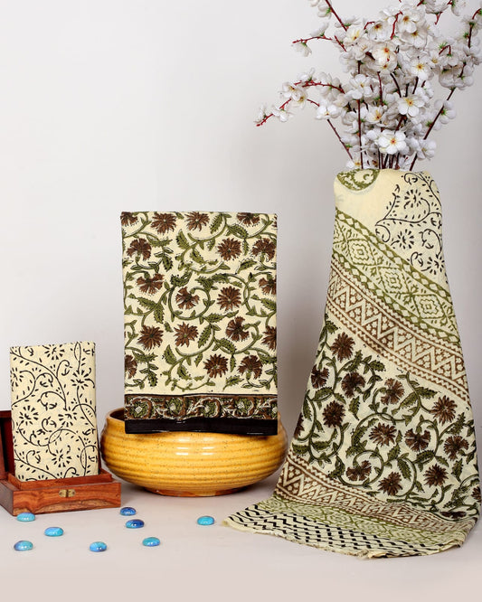 Hand Block Printed Cotton Suit With Mulmul Dupatta