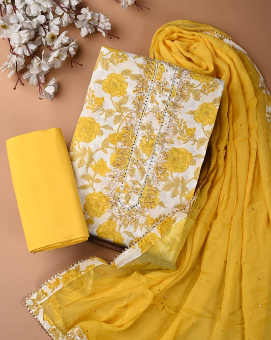 Yellow Cotton Gota Patti Work Suit With Chiffon Dupatta