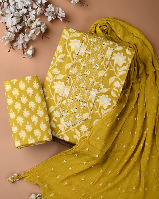 Cotton Gota Patti Work Yellow Suit With Chiffon Dupatta