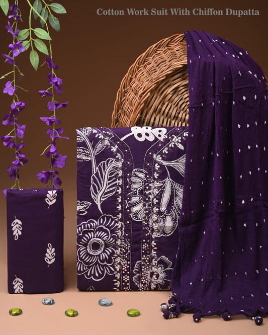 Natural Cotton Gota Patti Work Suit With Chiffon Dupatta