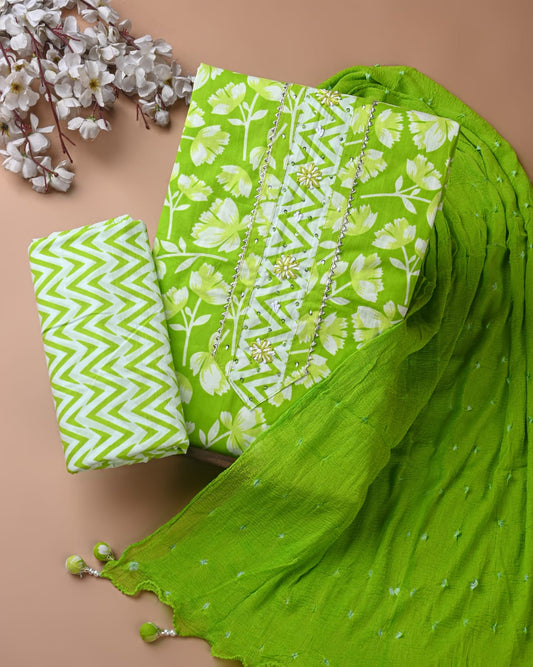 Green Cotton Gota Patti Work Suit With Chiffon Dupatta