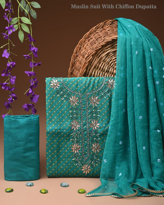 Organic Cotton Gota Patti Work Suit With Chiffon Dupatta