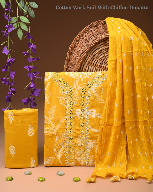Exclusive Cotton Gota Patti Work Suit With Ciffon Dupatta