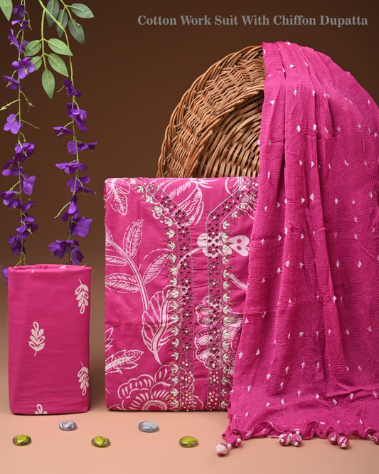 Organic Pink Cotton Gota Patti Work Suit With Chiffon Dupatta