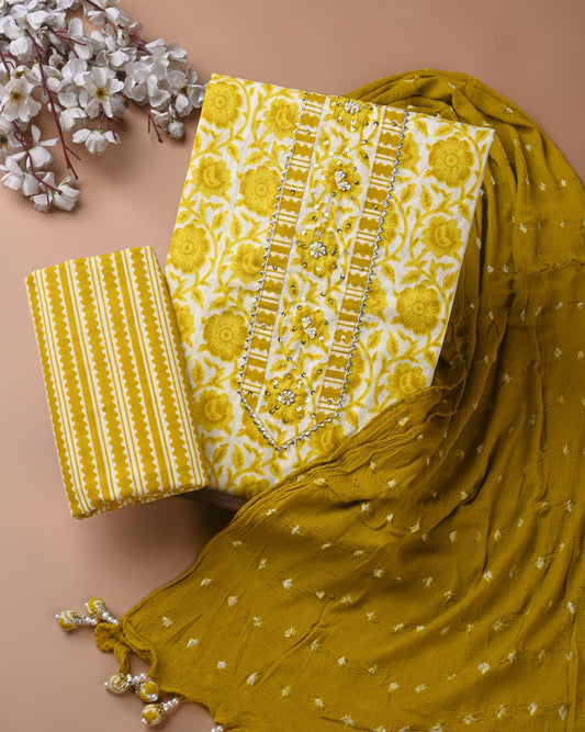 Soft Cotton Gota Patti Work Suit With Chiffon Dupatta