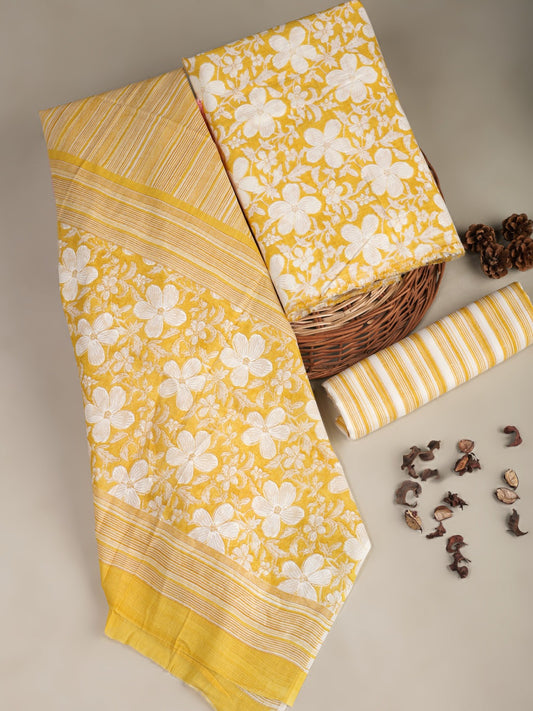 Yellow Soft Cotton Suit With Mulmul Dupatta
