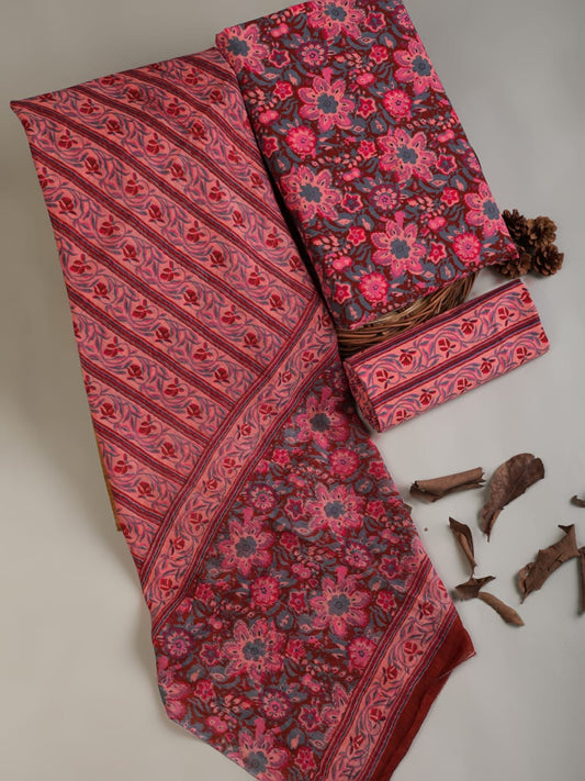 Sanganeri Print Cotton Suit With Mulmul Dupatta