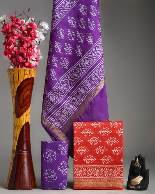 Bagru Hand Block Print Maheshwari Silk Suit Set