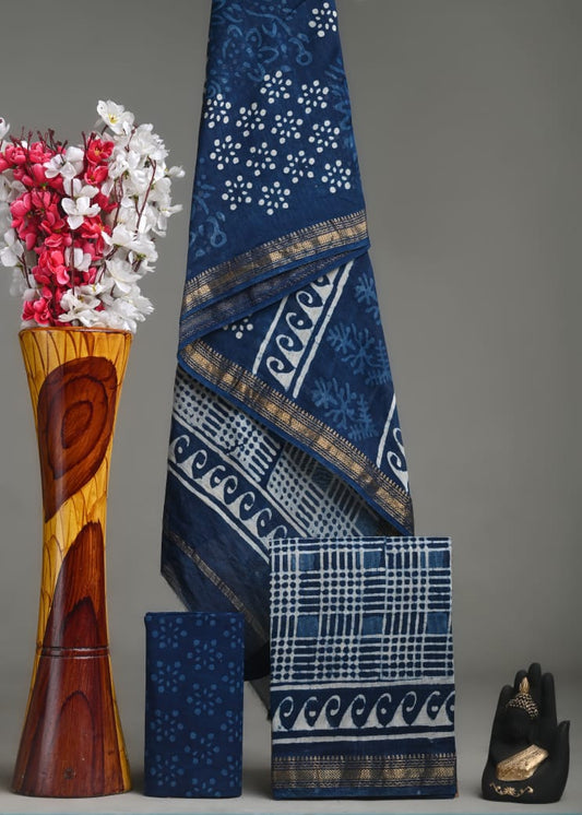 Premium Hand Block Printed Maheshwari Silk Suit