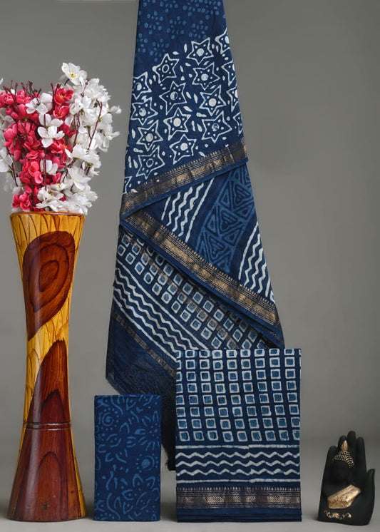 Premium Hand Block Print Maheshwari Silk Suit Set
