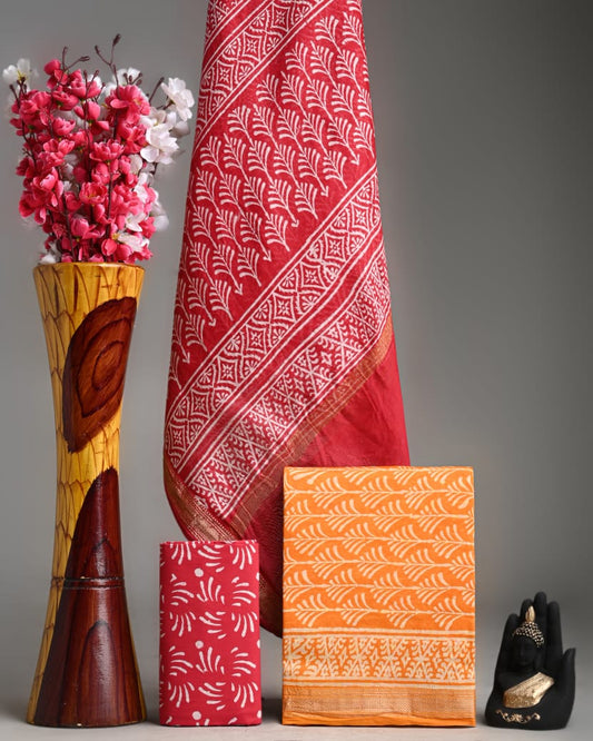 Hand Block Print Maheshwari Silk Geecha Border Suit