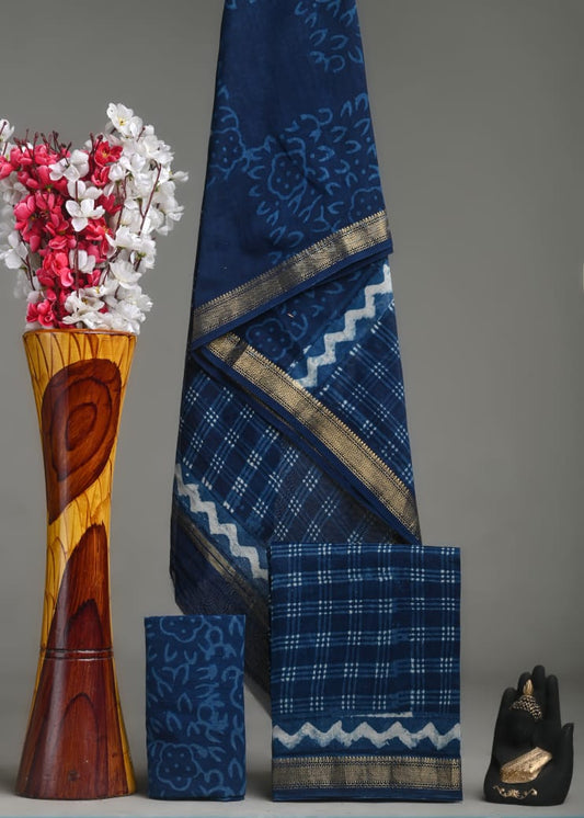 Premium Hand Block Printed Maheshwari Silk Zari Border Suit