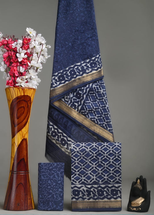 Premium Hand Block Printed Maheshwari Silk Geecha Border