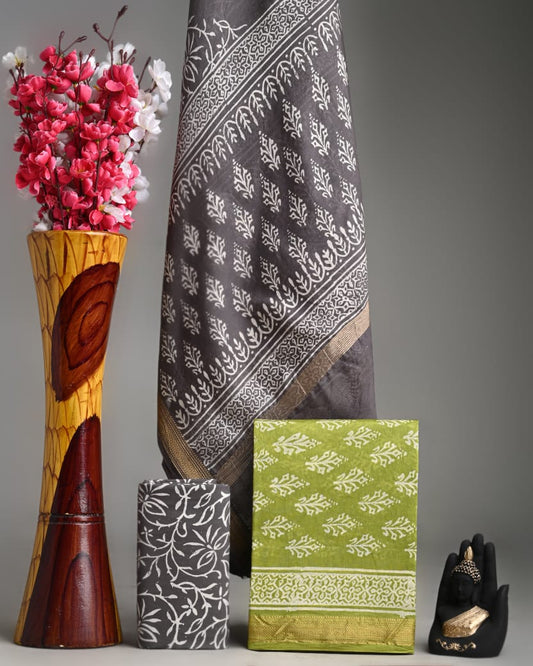 Hand Block Printed Maheshwari Silk Geecha Border Suit