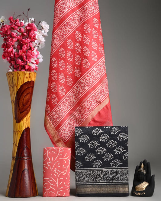 Exclusive Hand Block Print Maheshwari Silk Zari Border Suit