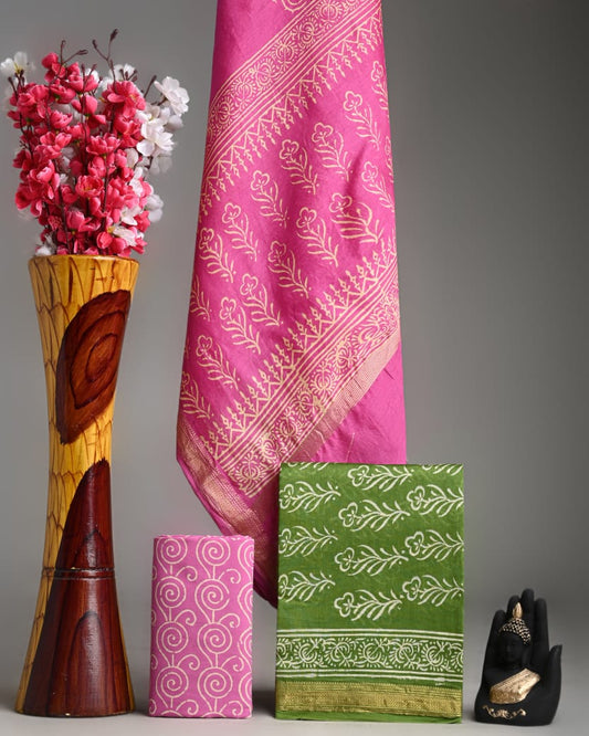 Premium Hand Block Printed Maheshwari Silk Zari Border Suit