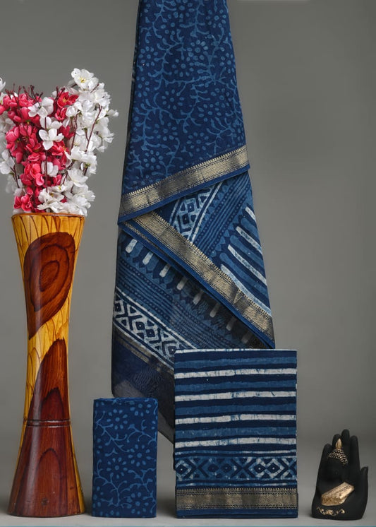 Premimu Hand Block Print Maheshwari Silk Suit