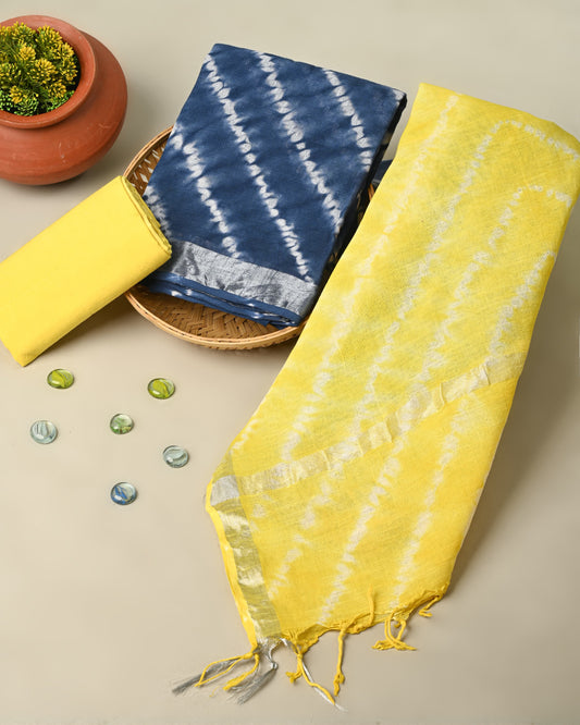 Blue & Yellow Hand Block Print Lilen Suit With Lilen Dupatta