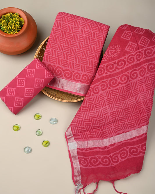 Pink Hand Block Printed Lilen Suit With Lilen Dupatta