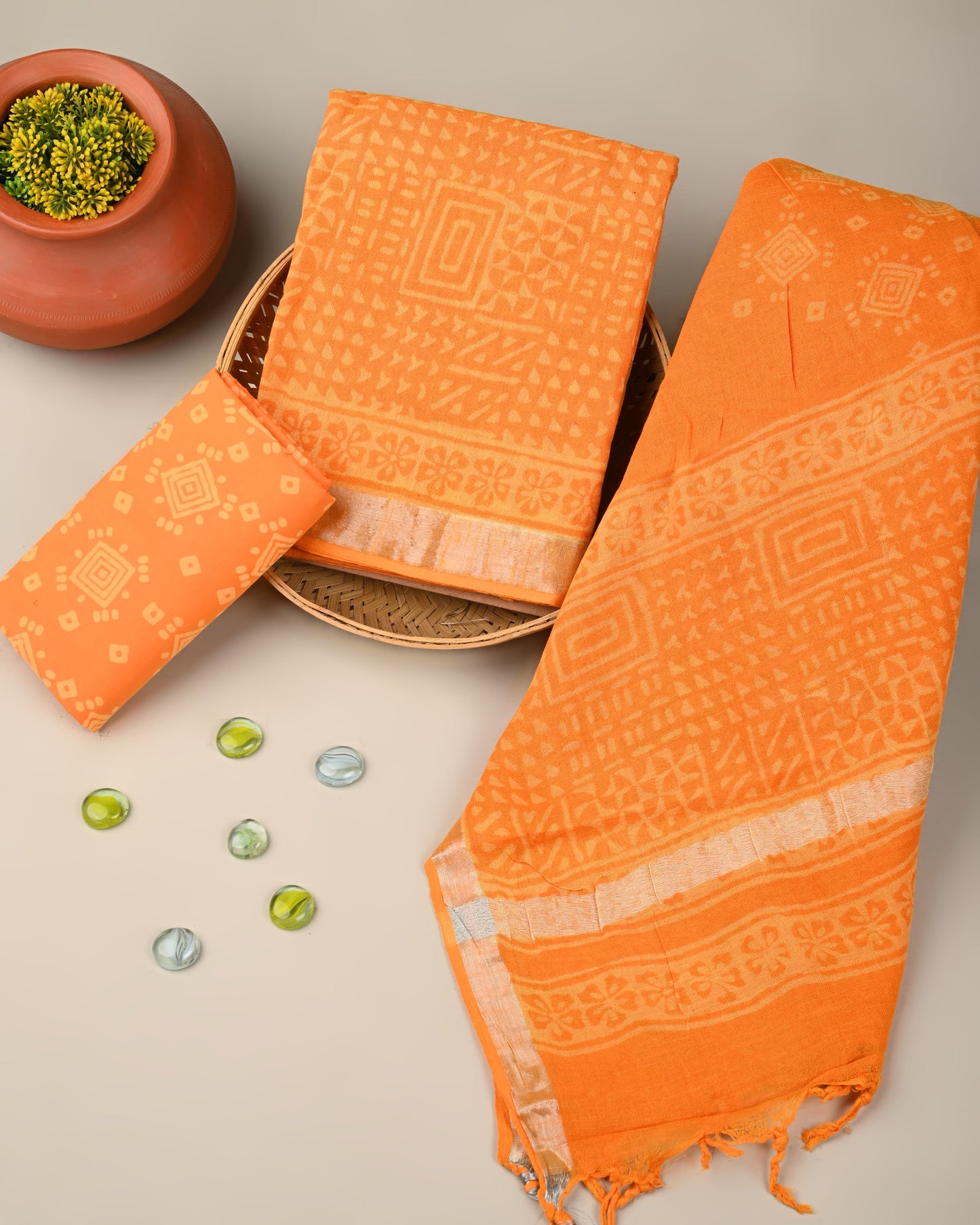 Hand Block Print Orange Lilen Suit With Lilen Dupatta