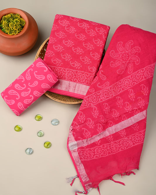 Pink Hand Printed Lilen Suit With Lilen Dupatta