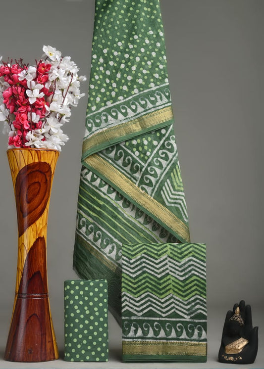 Exclusive Hand Block Printed Green Maheshwari Silk Zari Border