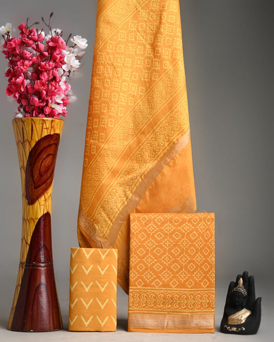 Hand Block Printed Yellow Maheshwari Silk Zari Border Suit