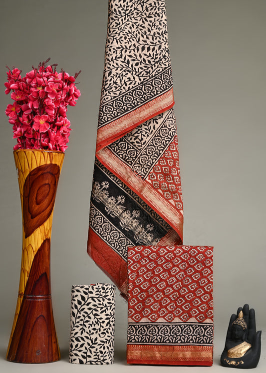 Red Hand Block Printed MaheshwariSilk Suit