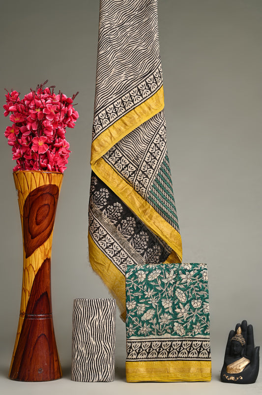 Hand Block Printed  Maheshwari Silk Suit Set