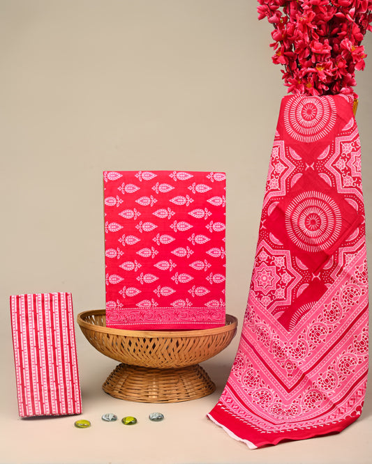 Hand Block Printed Cotton Suit With Mulmul Dupatta