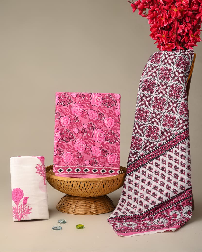 Sanganeri Print Orange Cotton Suit With Mulmul Dupatta