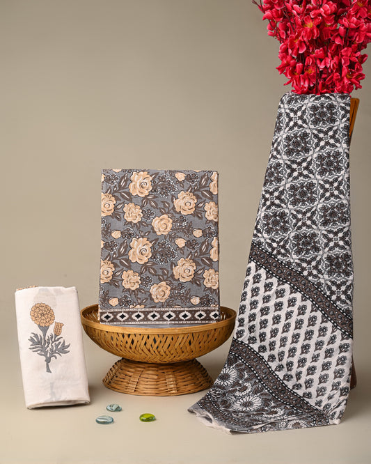 Hand Block Printed Cotton Suit With Mulmul Dupatta