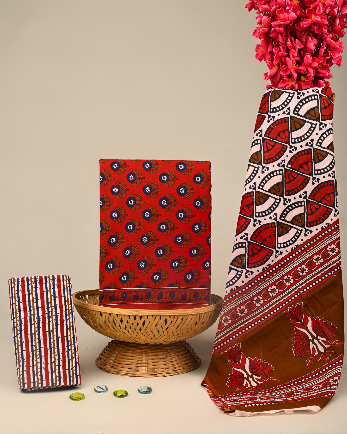 Hand Block Print Cotton Suit With Mulmul Dupatta