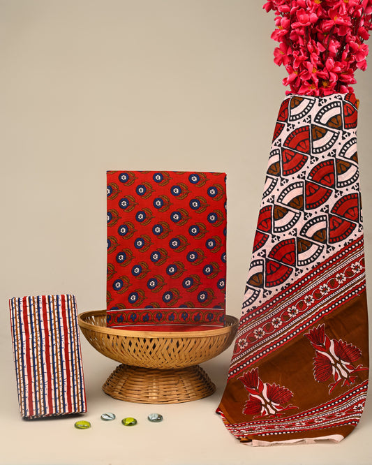 Hand Block Print Cotton Suit With Mulmul Dupatta