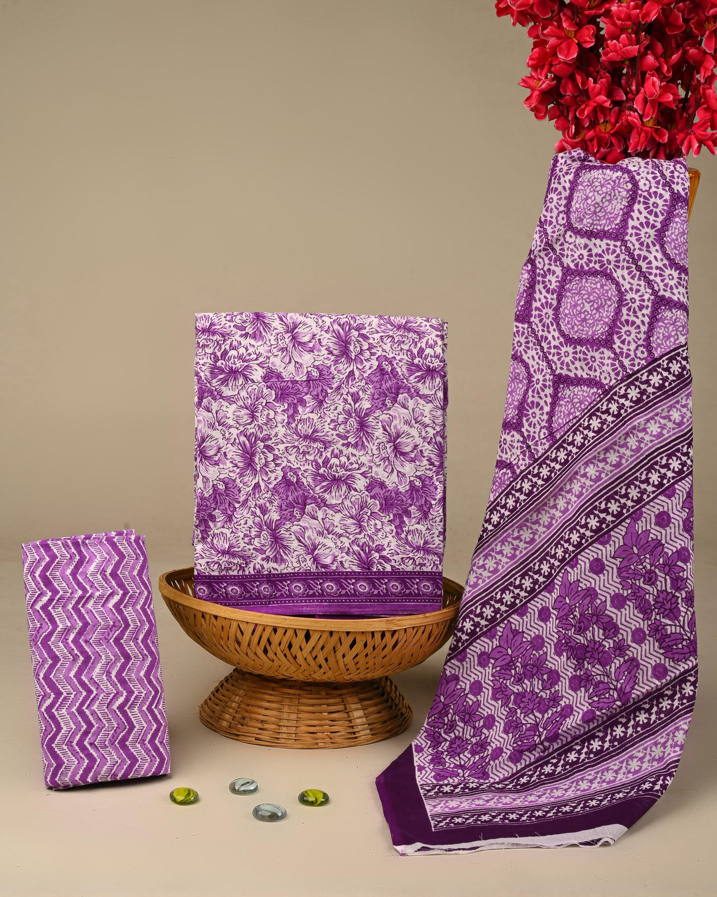 Hand Block print Cotton Suit With Mulmul Dupatta
