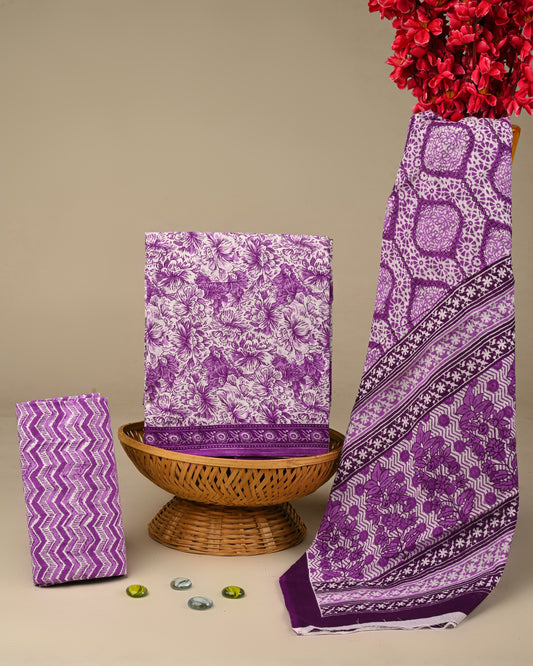 Hand Block print Cotton Suit With Mulmul Dupatta