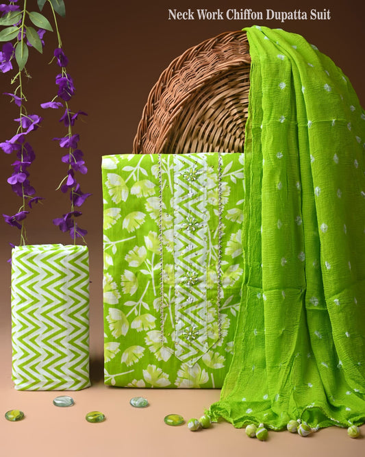 Green Cotton Gota Patti Work Suit With Chiffon Dupatta