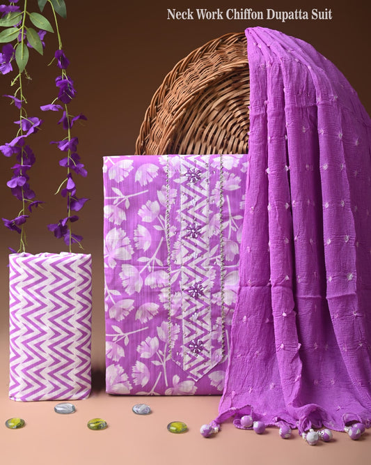 Sanganeri Print Cotton Gota Patti Work Suit With Chiffon Dupatta