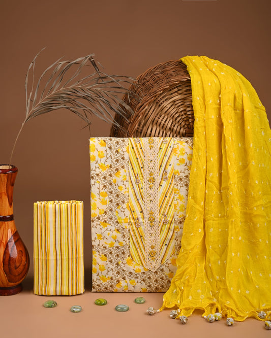 Organic Cotton Gota Patti Work Suit With Chiffon Dupatta