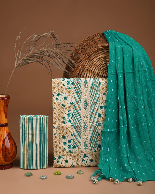 Organic Cotton Gota Patti Work Suit With Chiffon Dupatta