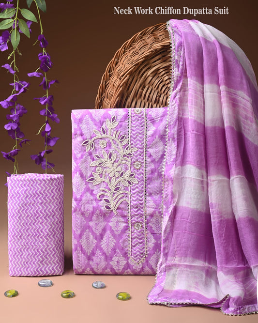 Purple Cotton Gota Patti work Suit With Chiffon Dupatta