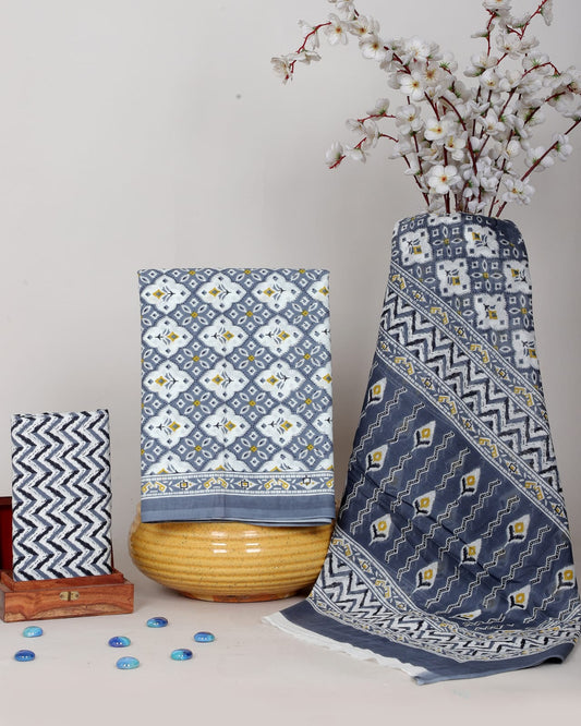 Hand Block Printed Cotton Suit With Cotton Dupatta