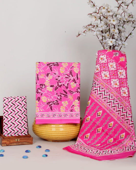 Jaipuri Print Pure Cotton Suit With Mulmul Dupatta