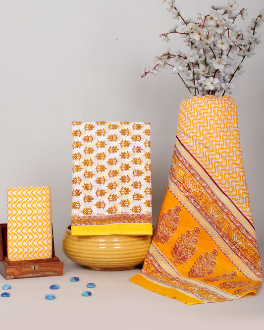 Premium Yellow Print Cotton Suit With Mulmul Dupatta